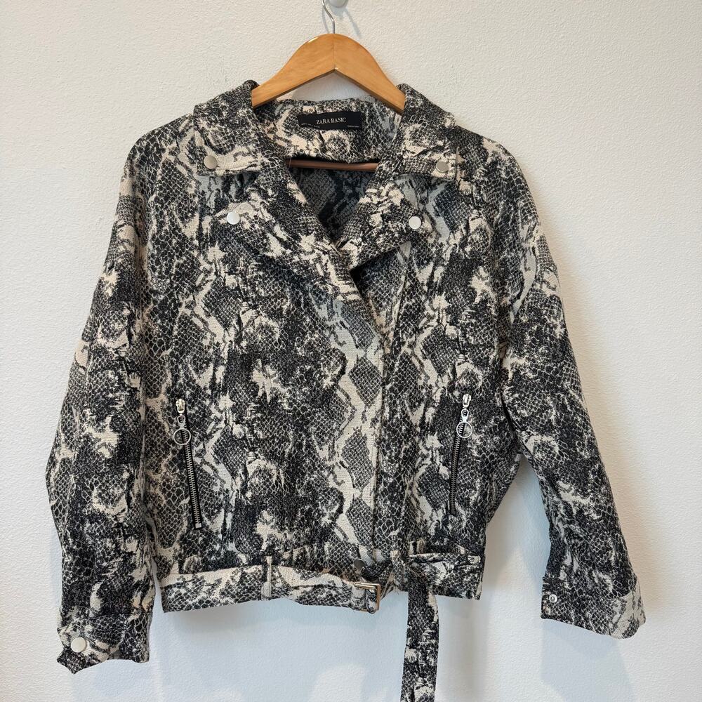 ZARA Cream Black Snakeprint Asymmetric Biker Moto Jacket Small